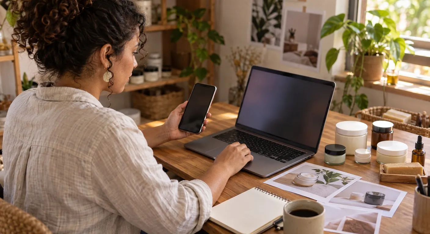 Mulher sentada a uma mesa de madeira monta um post no notebook enquanto confere o celular na mão, com potes de cosméticos, fotos impressas dos produtos, um caderno e uma xícara de café ao lado