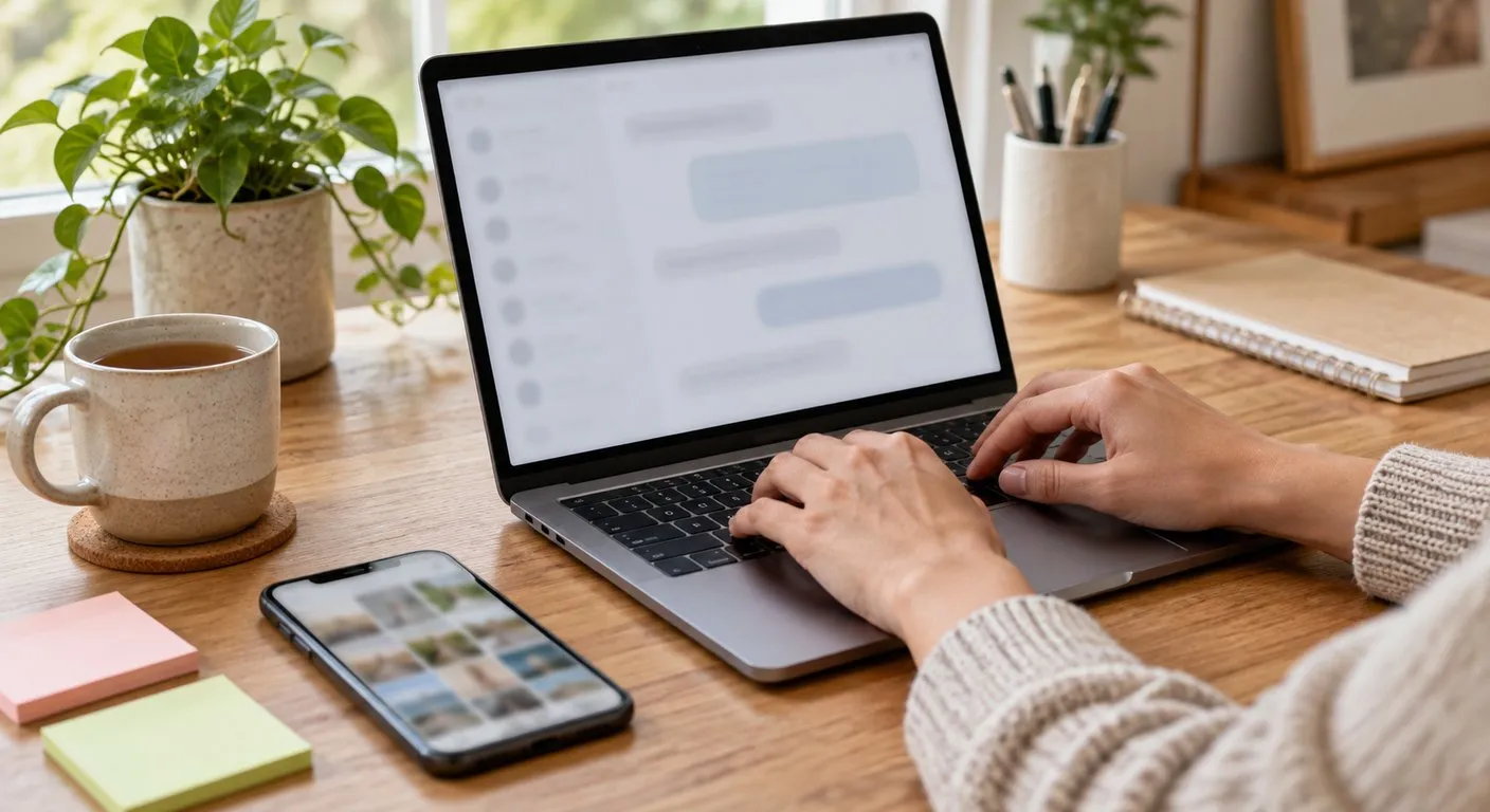 Mãos digitando num notebook com uma conversa aberta na tela, ao lado de um celular e de blocos de notas