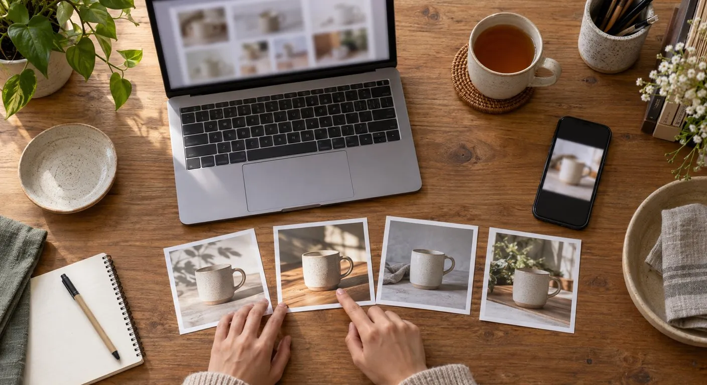 Mãos escolhendo entre versões impressas da foto de um produto sobre uma mesa de madeira, ao lado de um notebook e de um celular