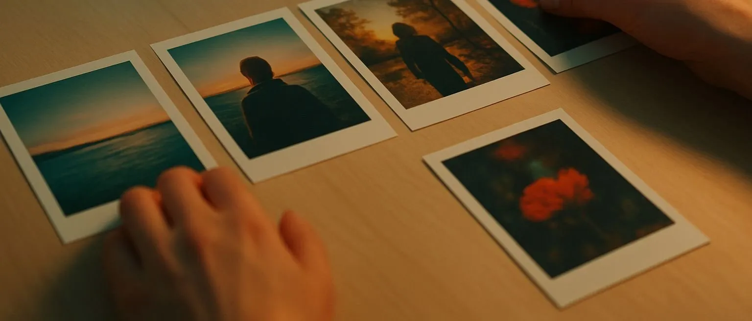 Mãos organizando fotos impressas em sequência sobre uma mesa de madeira, como capítulos de uma história