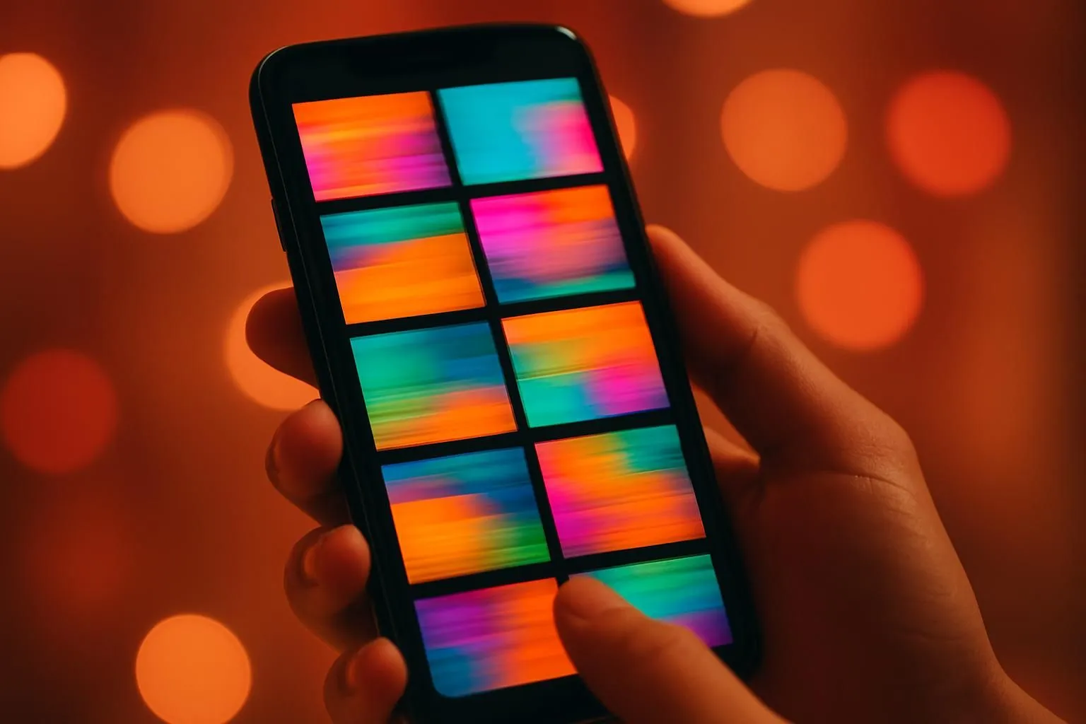 Mão segurando um celular com uma grade de vídeos coloridos na tela