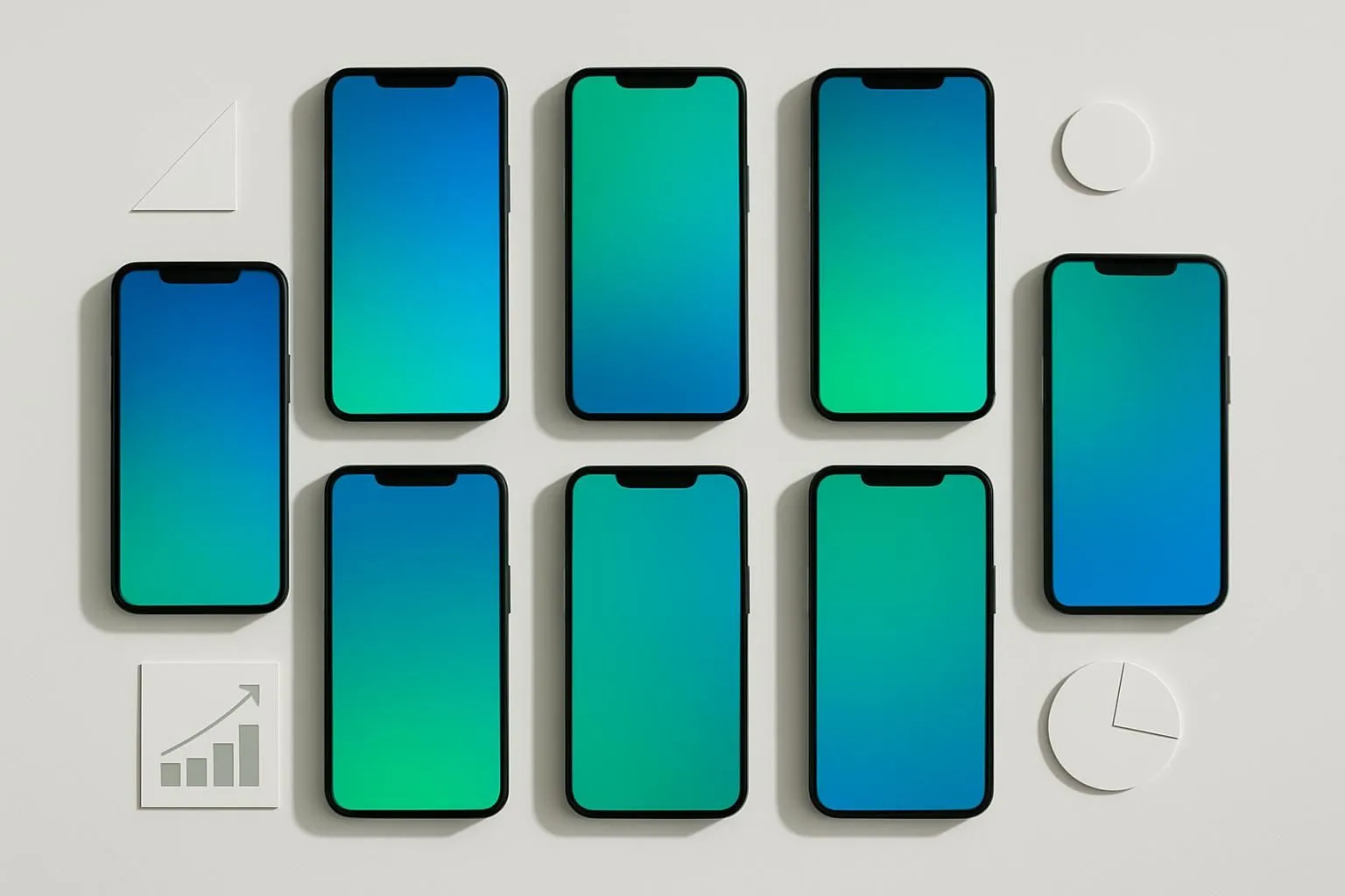 Vários celulares lado a lado com telas em tons de azul e verde, ao lado de um gráfico de barras em alta