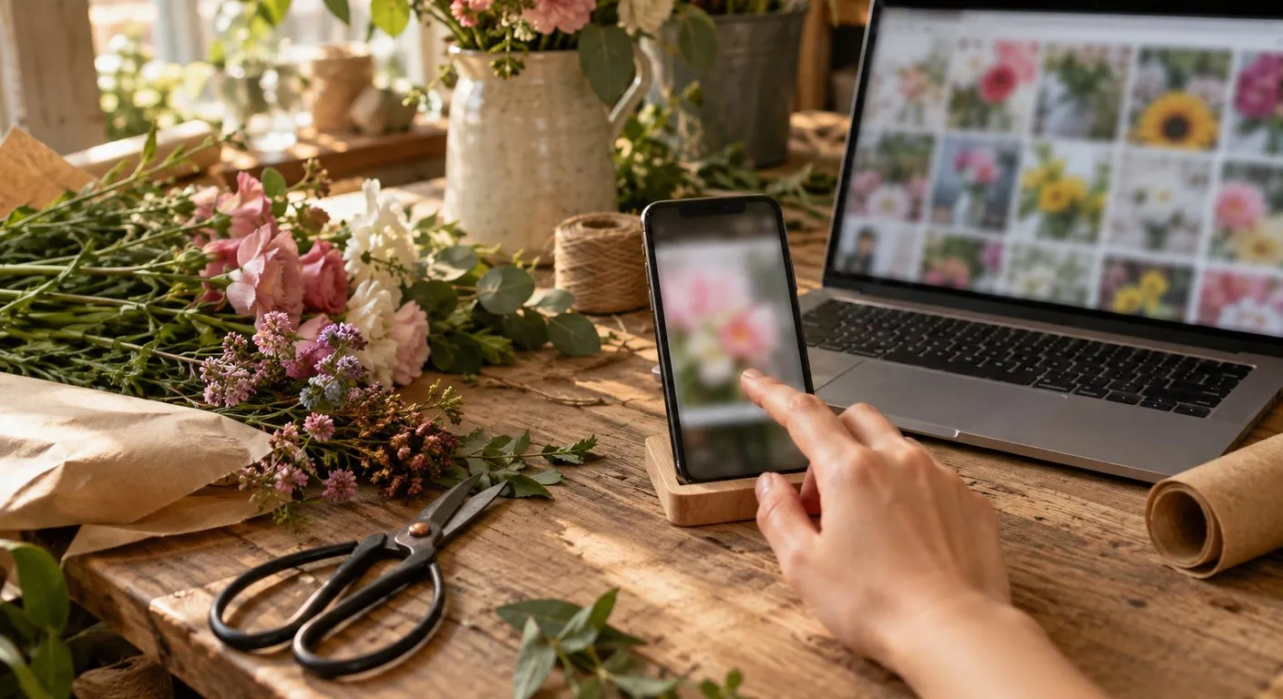 Mão tocando a tela de um celular com a foto de um buquê, sobre a bancada de uma floricultura, ao lado de um notebook