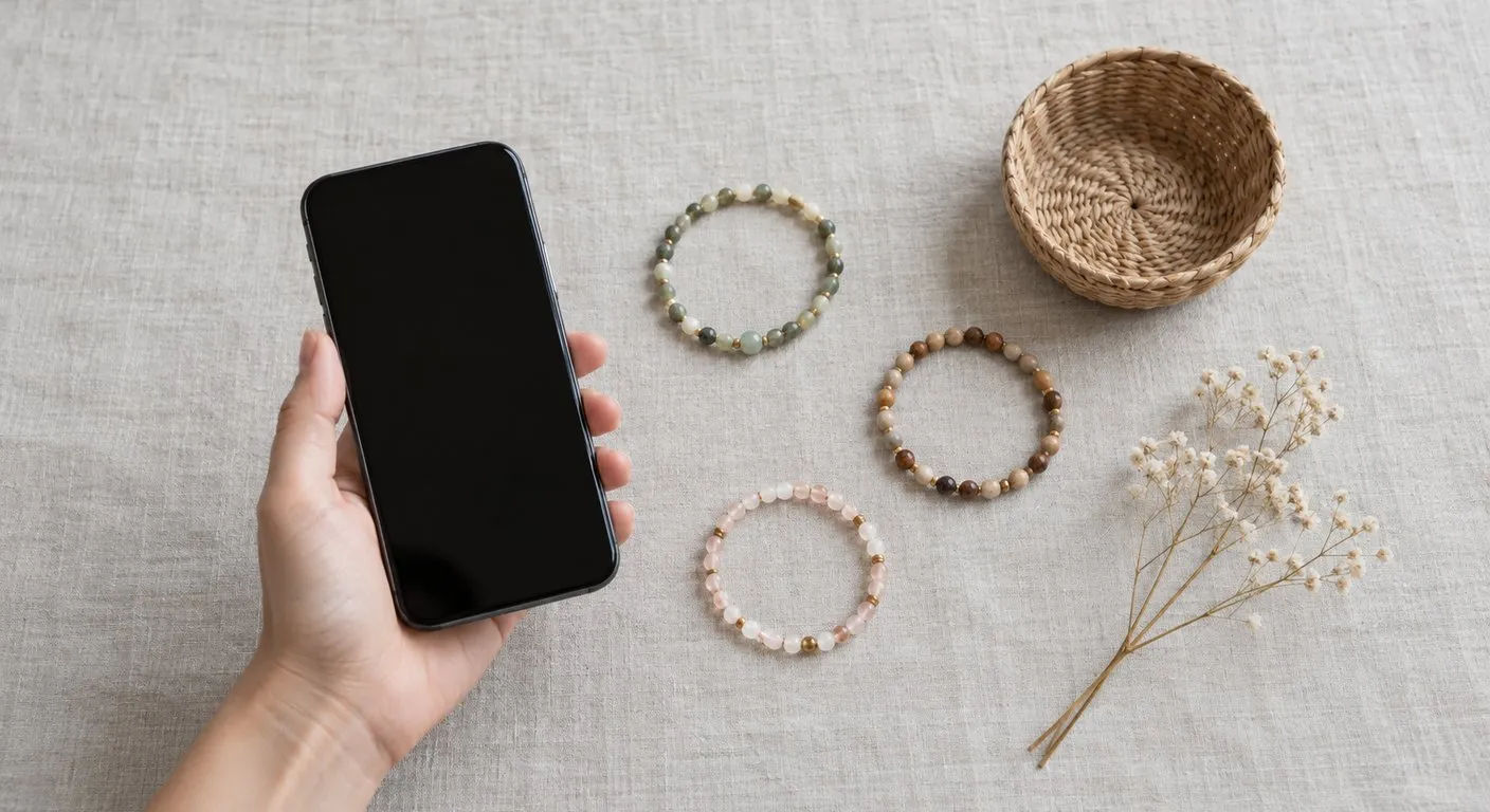 Mão segurando um celular ao lado de três pulseiras artesanais, um cesto de palha e flores secas arrumados sobre tecido de linho cinza, vistos de cima