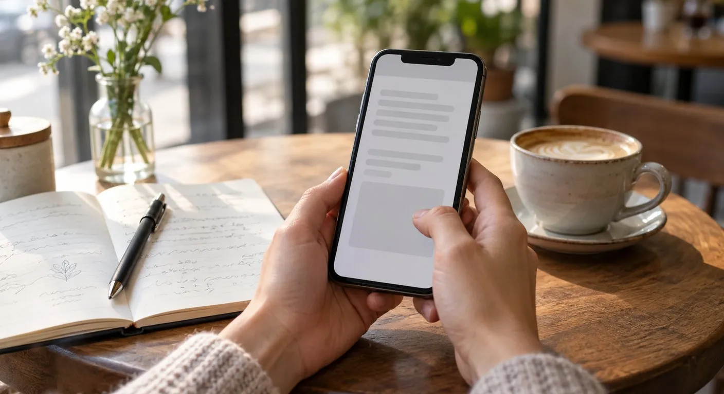 Mãos segurando um celular com um editor de texto aberto, sobre uma mesa de café com um caderno de anotações