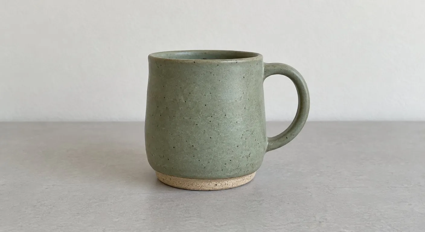 Imagem gerada por IA para ilustrar a foto de partida: caneca de cerâmica verde-clara com pintas escuras e base de cerâmica crua, sozinha sobre uma mesa cinza, contra uma parede branca, com luz chapada