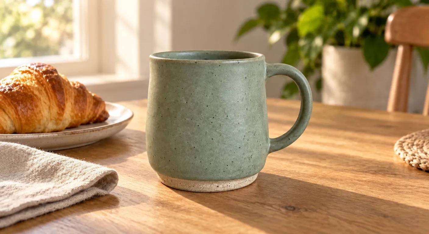 Imagem gerada por IA a partir da imagem anterior: a mesma caneca verde-clara sobre uma mesa de madeira perto de uma janela, com luz dourada da manhã, um guardanapo de linho, um croissant num prato e uma planta desfocada ao fundo