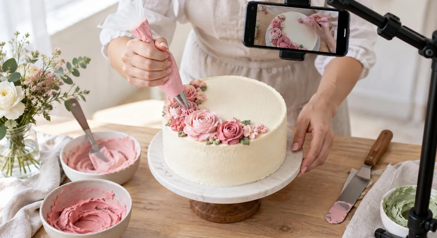 Confeiteira decora um bolo branco com flores de creme rosa, enquanto um celular preso em um suporte grava a decoração