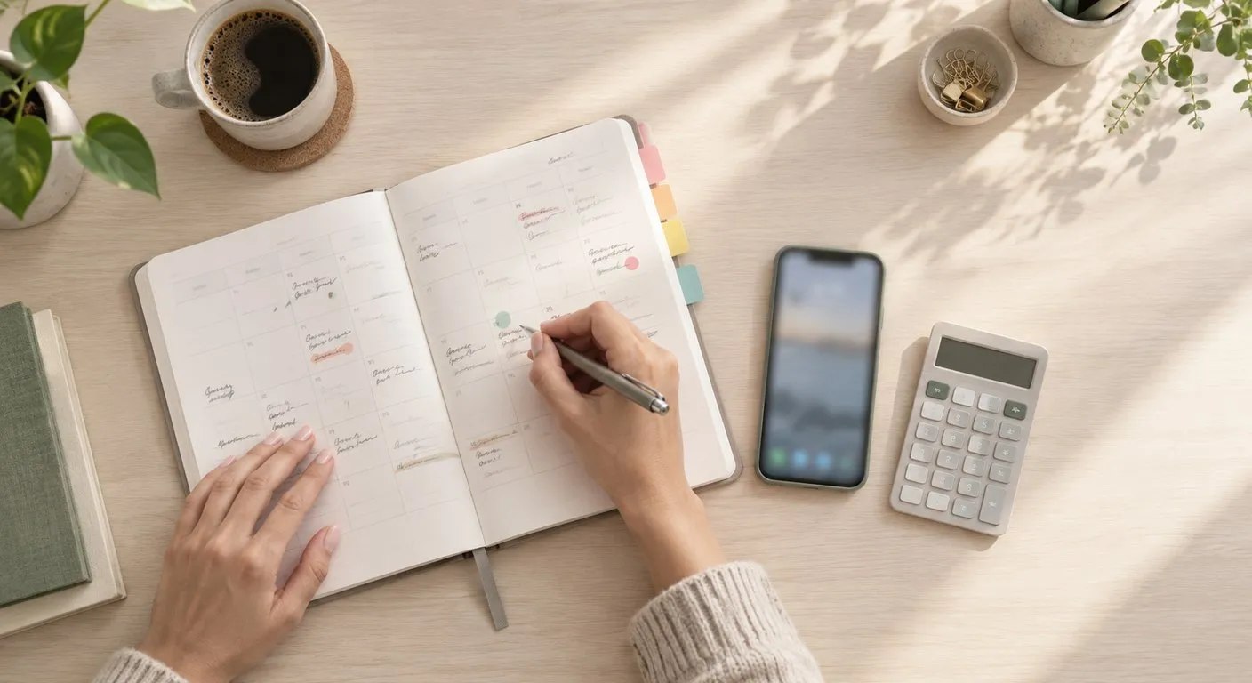 Agenda aberta com prazos fiscais marcados, ao lado do celular e da calculadora