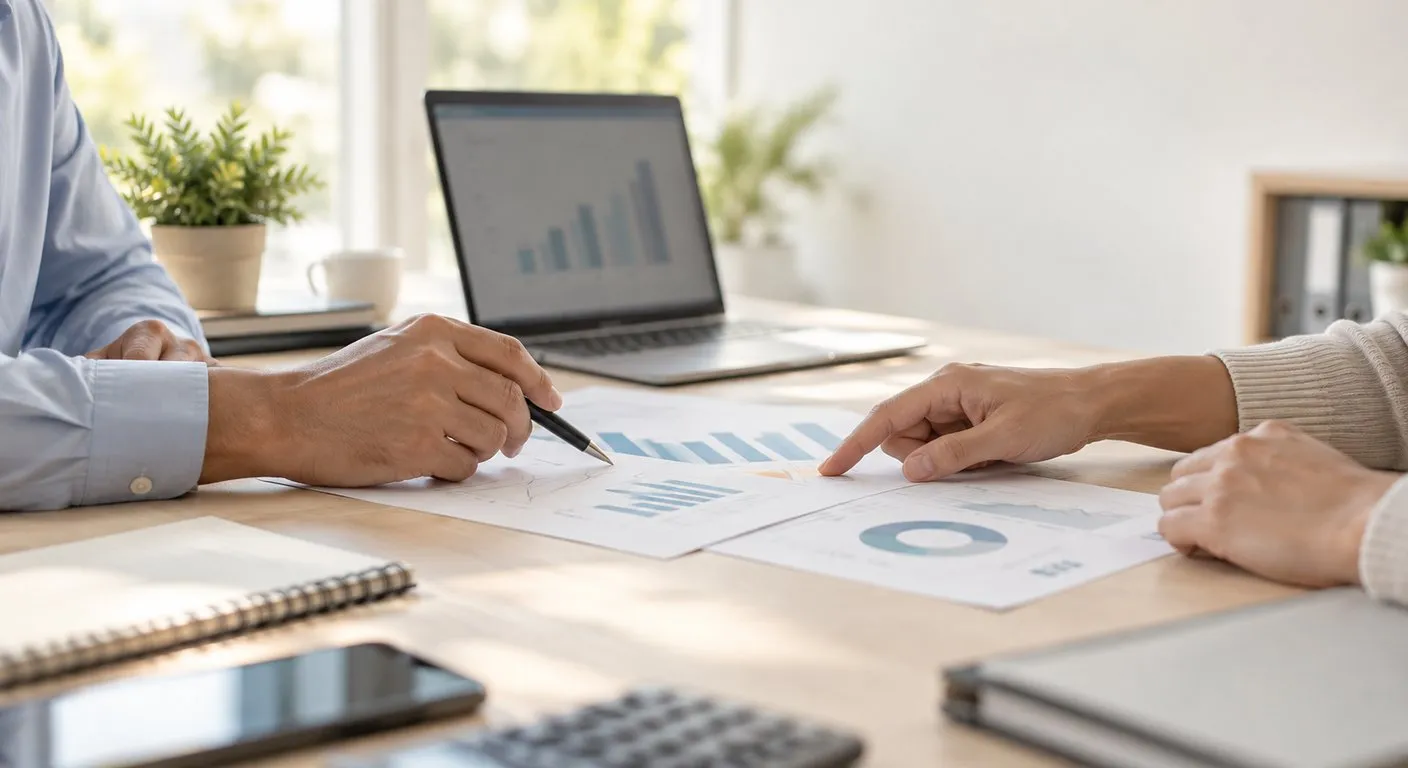 Reunião de escritório de contabilidade com gráficos impressos e laptop