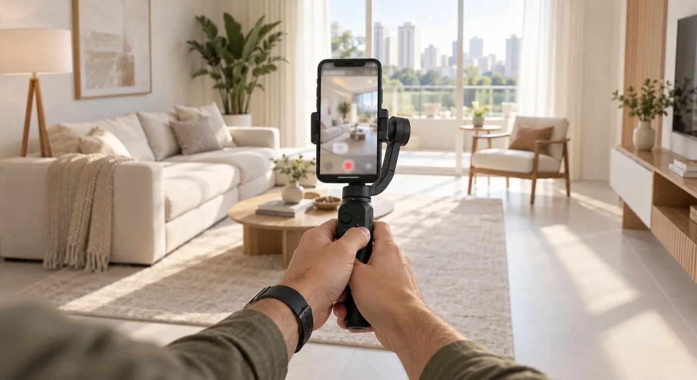 Celular gravando um vídeo de apresentação da sala de um apartamento à venda