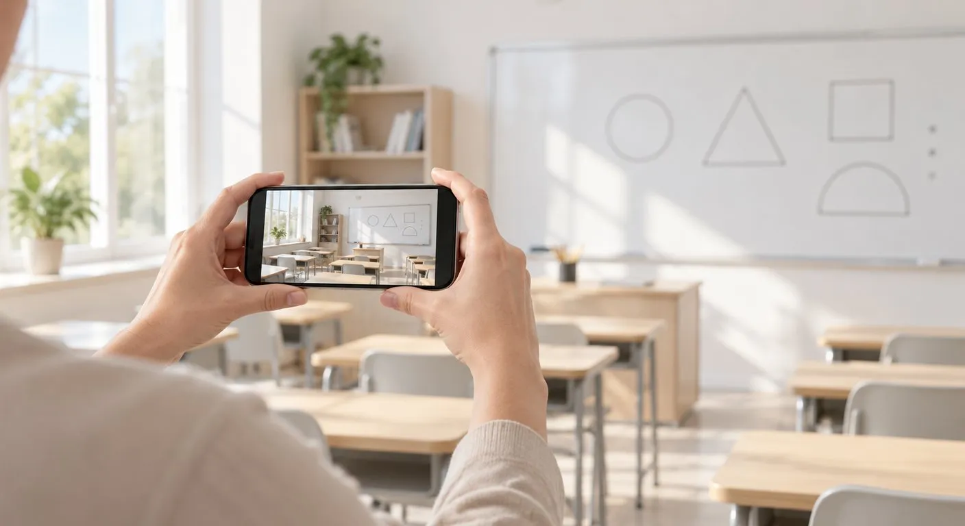 Celular filmando uma sala de aula vazia com lousa e carteiras