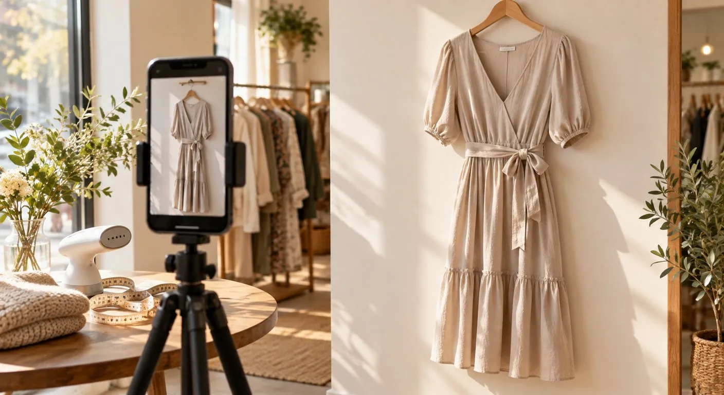 Celular em um tripé fotografando um vestido pendurado perto da janela de uma loja de roupas