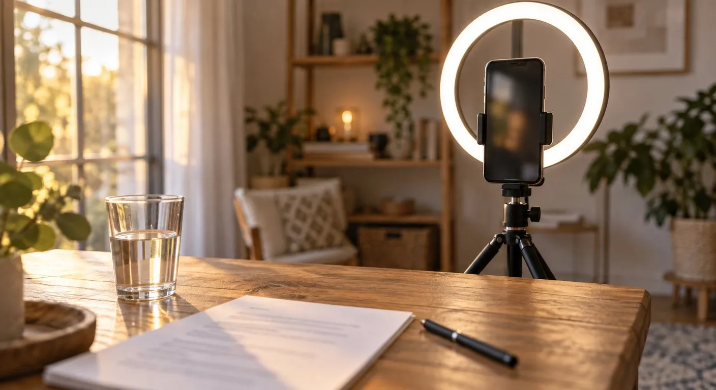 Celular no tripé com ring light em um pequeno estúdio, preparado para uma live