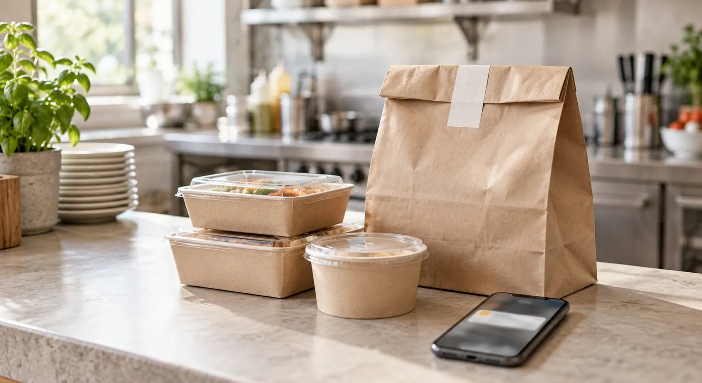 Pedido de delivery pronto no balcão do restaurante, com o celular ao lado