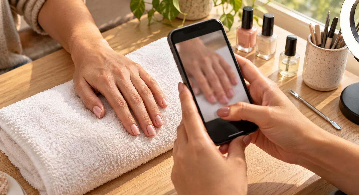 Manicure fotografa com o celular as unhas recém-feitas da cliente, perto da janela