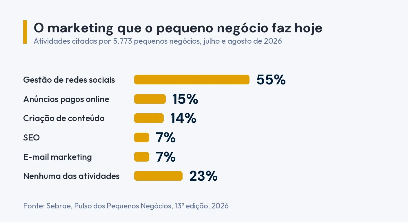 Gráfico de barras com as atividades de marketing que os pequenos negócios fazem hoje: gestão de redes sociais 55%, anúncios pagos online 15%, criação de conteúdo 14%, SEO 7%, e-mail marketing 7% e nenhuma das atividades 23%. Fonte: Sebrae, Pulso dos Pequenos Negócios, 13ª edição, 2026
