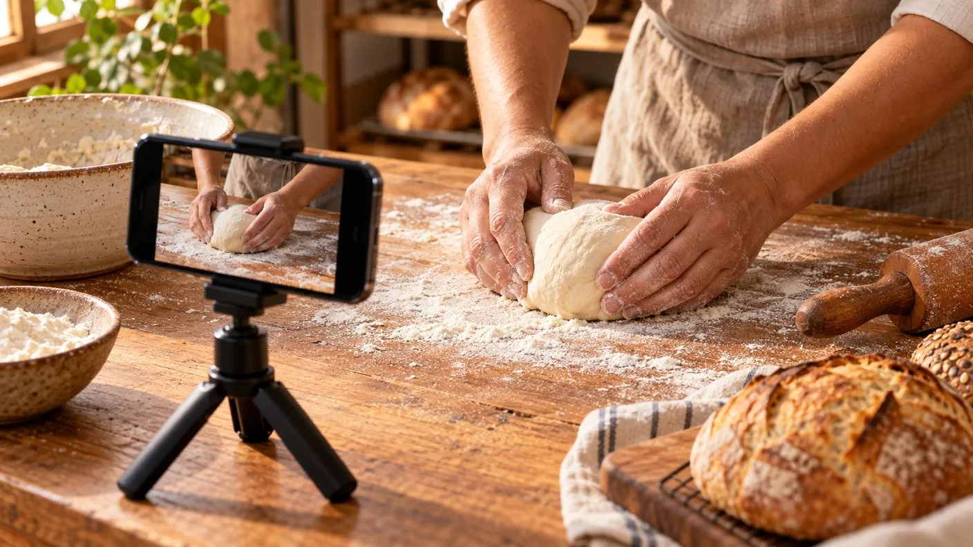 Mãos modelando massa de pão sobre um balcão de madeira enquanto um celular num pequeno tripé grava a cena