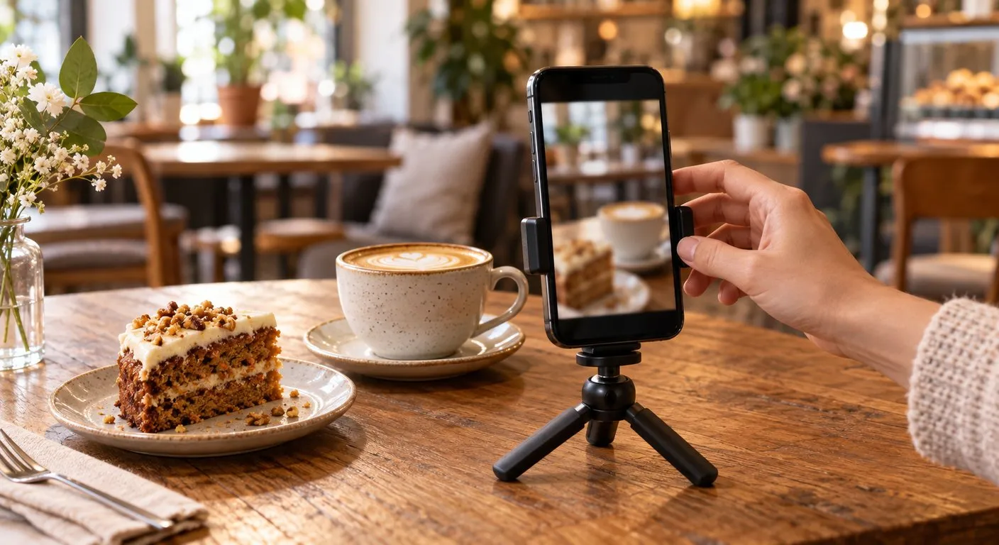 Celular num minitripé filmando uma xícara de café e uma fatia de bolo sobre a mesa de madeira de uma cafeteria, com a mão de uma pessoa ajustando o aparelho