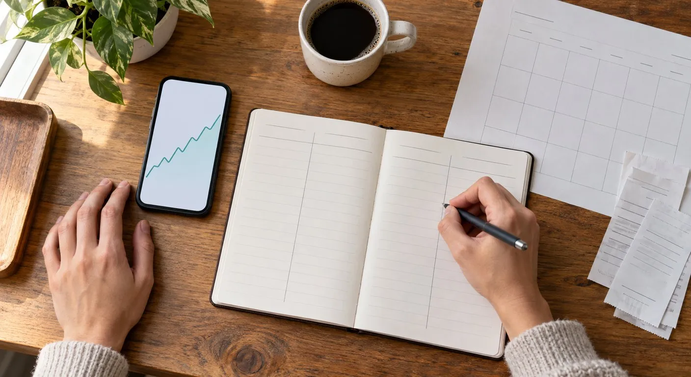 Mão escrevendo num caderno aberto e dividido em colunas, sobre uma mesa de madeira, ao lado de um celular com um gráfico de linha em alta, uma xícara de café, uma folha de calendário e notas fiscais