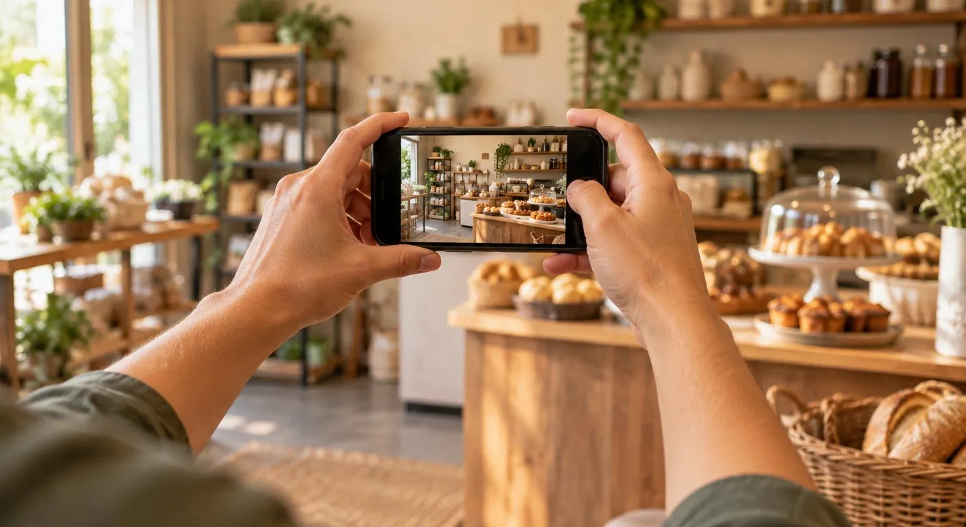 Mãos segurando um celular na horizontal e fotografando o interior de uma padaria com pães no balcão e prateleiras