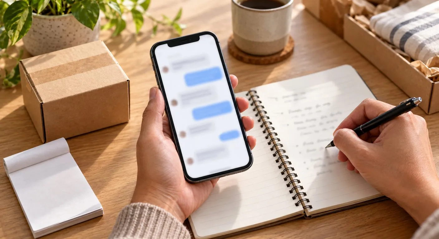 Mãos segurando o celular com uma conversa aberta sobre um caderno de anotações