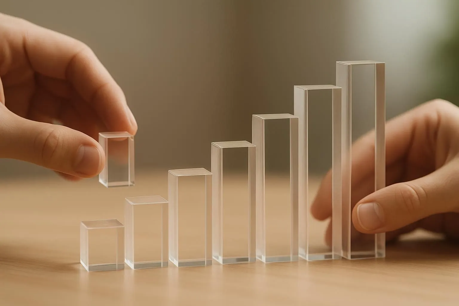 Mão empilhando blocos transparentes em forma de gráfico de barras crescente sobre uma mesa de madeira