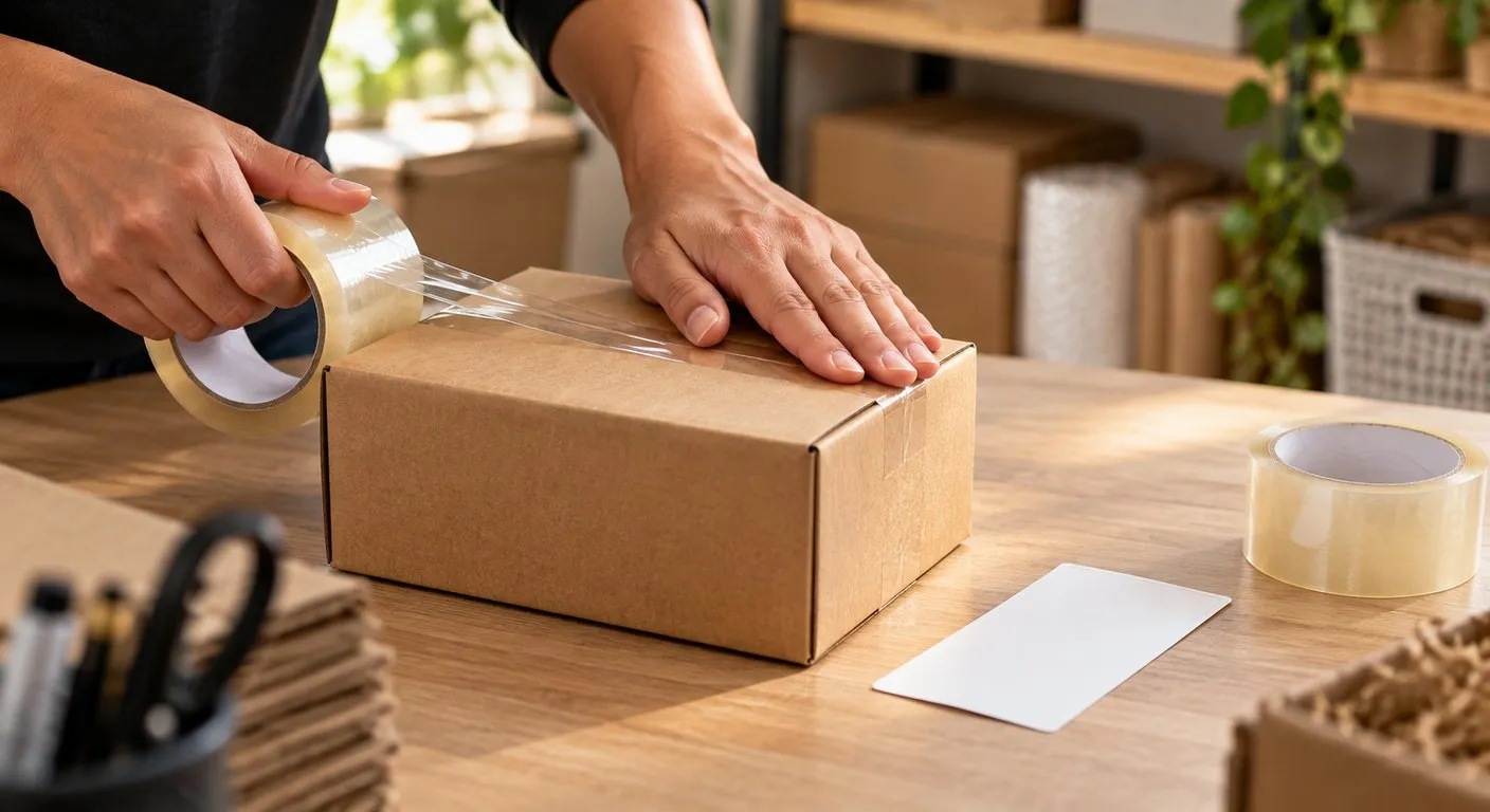 Mãos fechando com fita uma caixa de papelão para envio, com etiqueta em branco ao lado