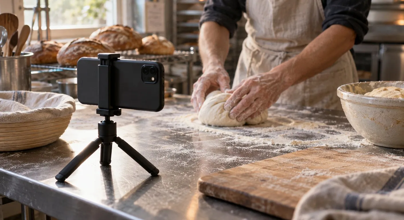 Celular preso num pequeno tripé sobre a bancada enfarinhada de uma padaria, gravando as mãos de um padeiro que modela a massa do pão