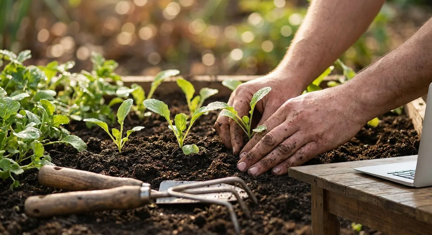 Mãos plantando mudas numa horta, ao lado de um notebook aberto sobre uma mesa de madeira